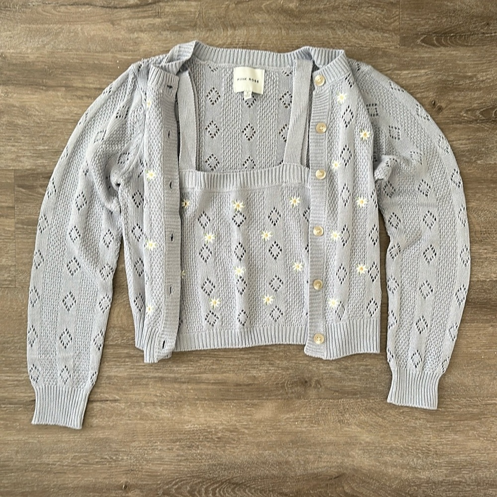 Pink Rose Embroidered Flower cardigan tank set